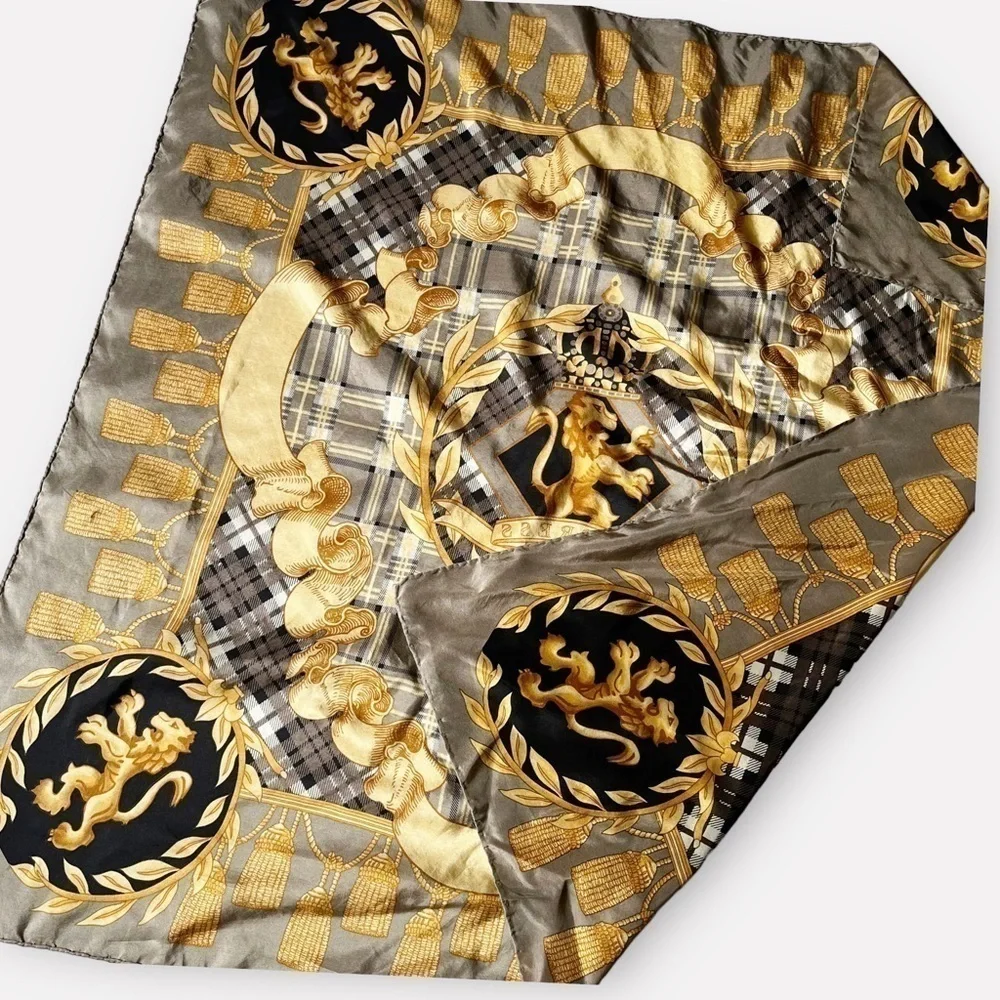 80s Express Silk Scarf Royal Lions Crest Hand Rolled 34” Square Baroque